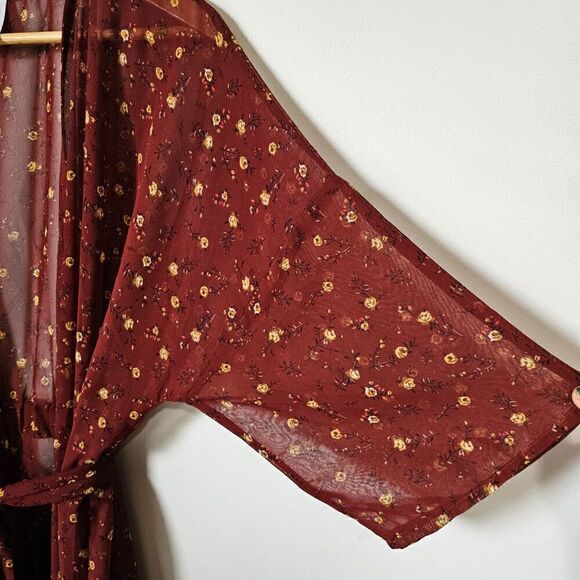 NEVER WORN TIME AND TRU RED DITSY FLORAL LONG BELTED KIMONO CARDIGAN SIZE SMALL - Picture 6 of 14